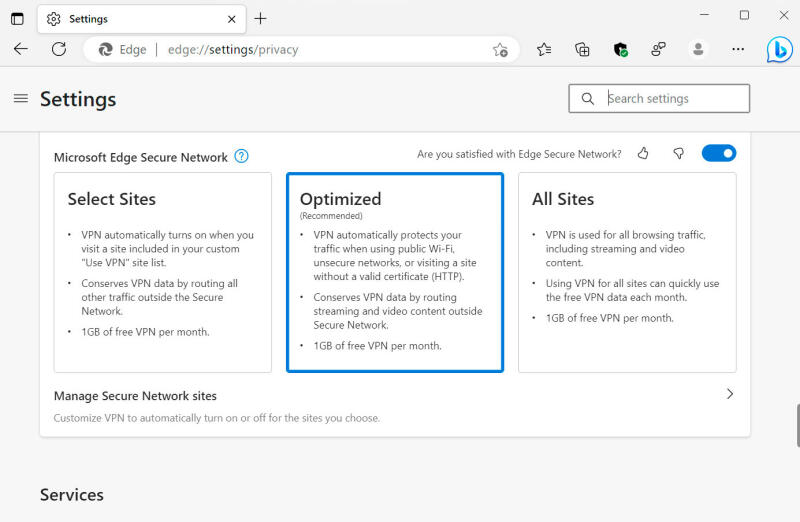 Встроенный в Edge VPN доступен пользователям в стабильном канале